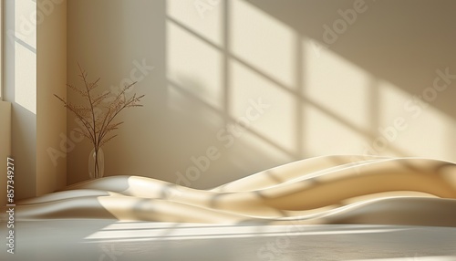 An unusual, abstract interior with a floor smoothly turning into walls, an interior with graphic light and shadow, a mockup.