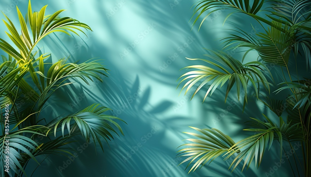 Mockup, beautiful green wall with leaf shadow and sunlight, natural wall background with palm foliage Mockup, beautiful green wall with leaf shadow and sunlight, natural wall background with palm foliage