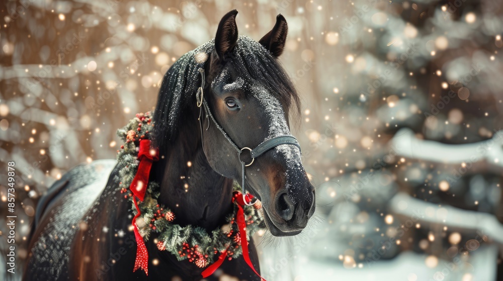 Obraz premium Horse Holiday. Equine Christmas Chaplet in Black July Decor