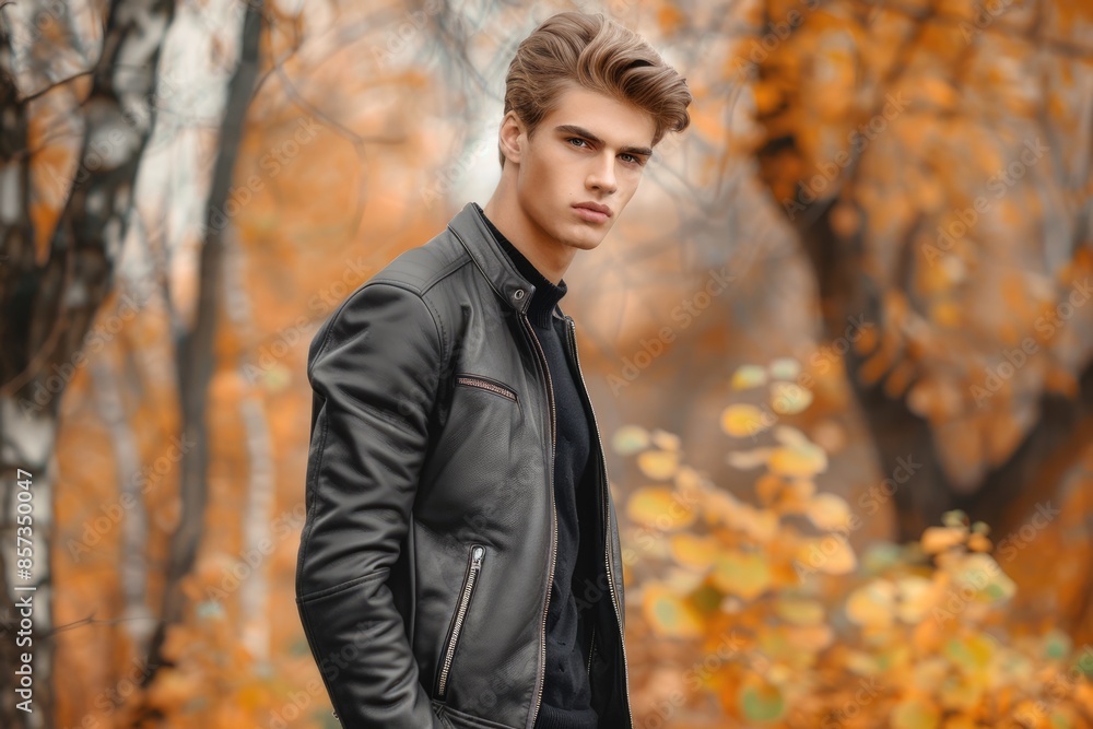 Man Leather Jacket. Handsome Fashion Model in Black Jacket for Autumn Look