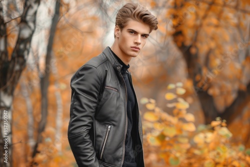 Man Leather Jacket. Handsome Fashion Model in Black Jacket for Autumn Look