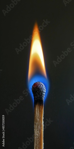 Match With Flame. A Wooden Match Ignited with Blue Flames on Dark Background