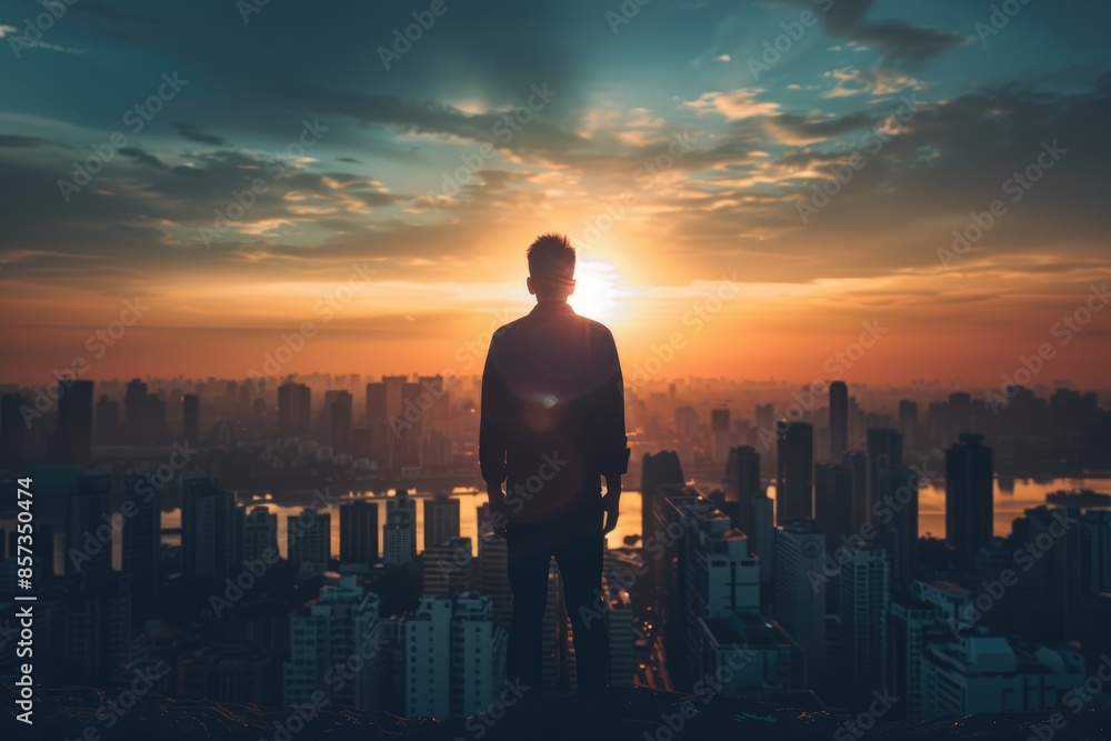 Person Looking Forward. Silhouette of Man in City Sunset Gazing at Cityscape Person Looking Forward. Silhouette of Man in City Sunset Gazing at Cityscape