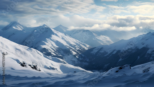 Snowy mountain landscape with majestic peaks and a bright blue sky, highlighting the stunning beauty of a winter wonderland. Concept of nature's splendor, outdoor adventure, and cold weather. 