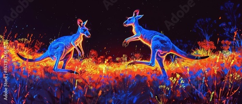 Neon kangaroos jumping in the outback photo