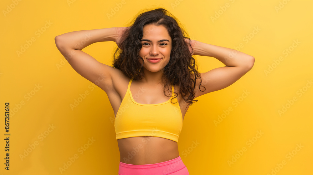 A confident woman wearing a yellow sports bra smiles with her hands placed behind her head; bright yellow background enhancing her energetic and cheerful mood. A confident woman wearing a yellow sports bra smiles with her hands placed behind her head; bright yellow background enhancing her energetic and cheerful mood.