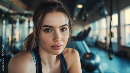 A young woman with a ponytail shows a serious expression while at the gym, with various workout equipment visible in the background, reflecting determination and focus. Free Download A young woman with a ponytail shows a serious expression while at the gym, with various workout equipment visible in the background, reflecting determination and focus. - GFXLoad