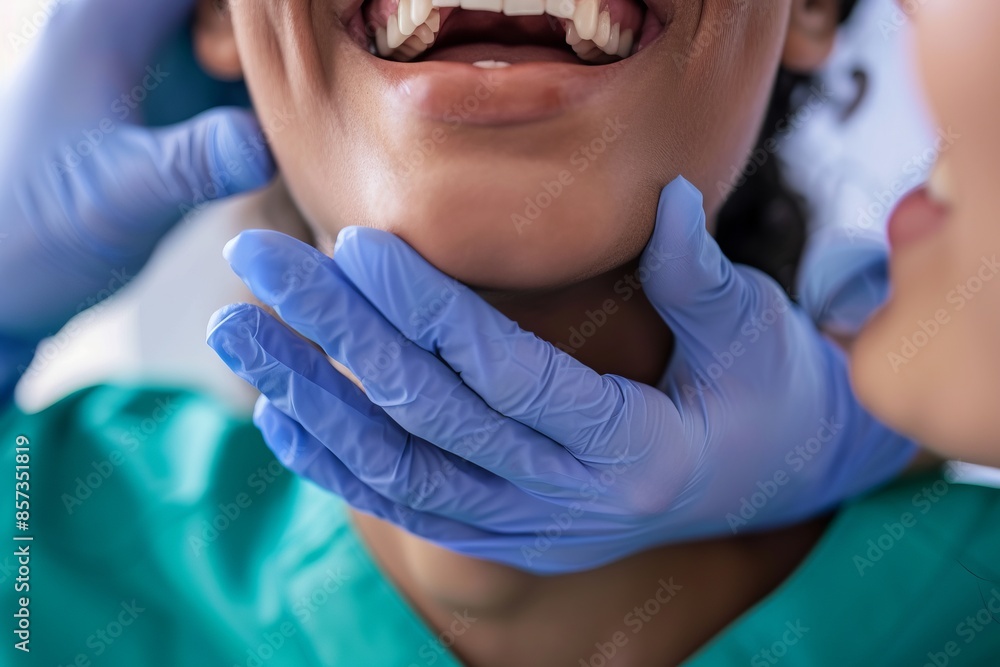 Close-up of dentist examining patient's mouth, hands in blue gloves. Conceptual dental health image showing patient care and hygiene. Ideal for healthcare and dental articles. Generative AI Close-up of dentist examining patient's mouth, hands in blue gloves. Conceptual dental health image showing patient care and hygiene. Ideal for healthcare and dental articles. Generative AI