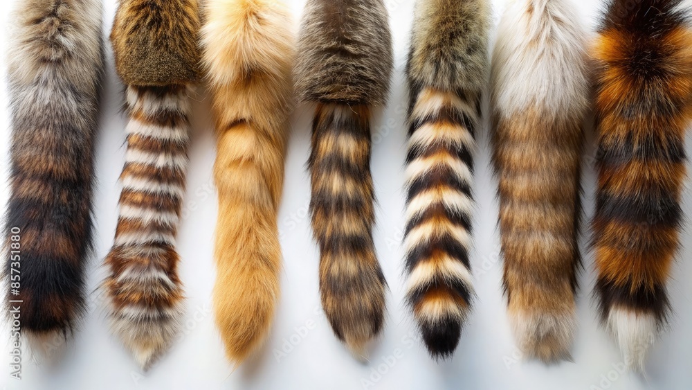 Eight Animal Tails Arranged In A Row On A White Background. Generative AI Eight Animal Tails Arranged In A Row On A White Background. Generative AI