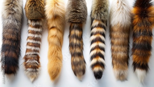 Eight Animal Tails Arranged In A Row On A White Background. Generative AI photo