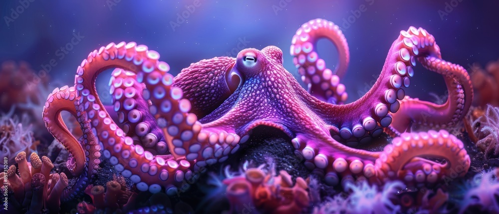 Fototapeta premium Neon octopuses in a deep-sea environment