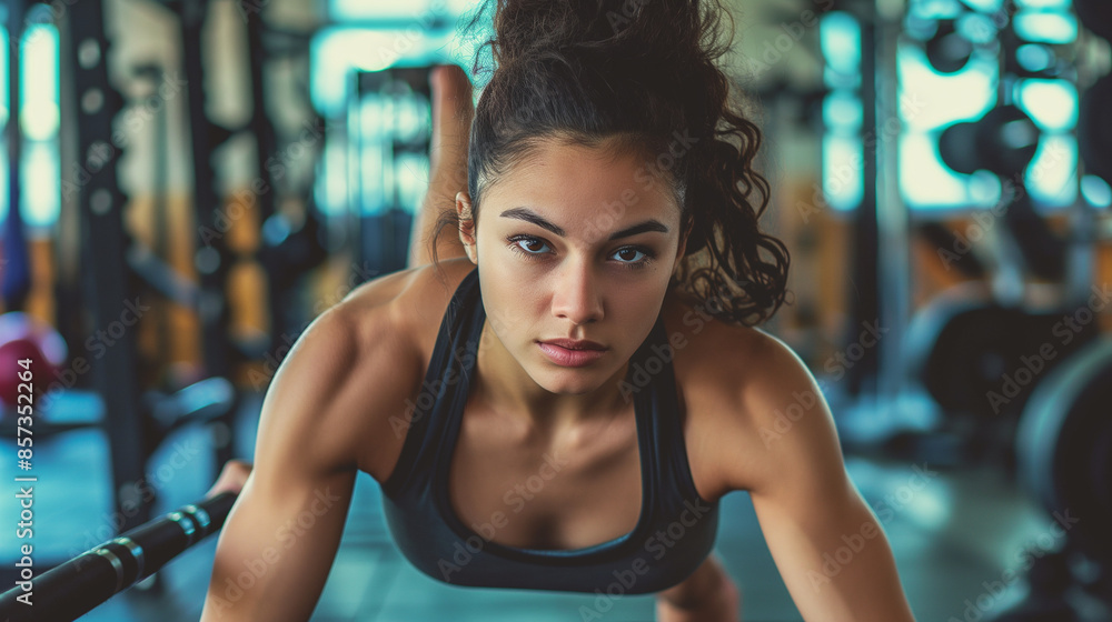 Obraz premium A woman in a black sports bra performs push-ups, concentrating intensely, exemplifying strength and determination, within a well-equipped gym environment, focused on her fitness regime.