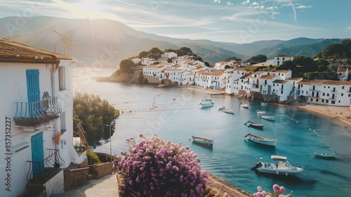Fototapeta Naklejka Na Ścianę i Meble -  A picturesque seaside village with white-washed houses, narrow cobblestone streets, and fishing boats bobbing in the harbor under a clear blue sky
