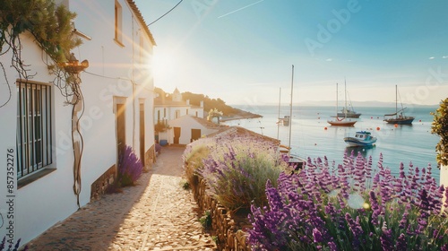 Fototapeta Naklejka Na Ścianę i Meble -  A picturesque seaside village with white-washed houses, narrow cobblestone streets, and fishing boats bobbing in the harbor under a clear blue sky