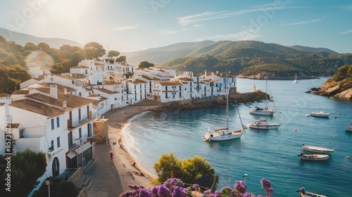 Fototapeta Naklejka Na Ścianę i Meble -  A picturesque seaside village with white-washed houses, narrow cobblestone streets, and fishing boats bobbing in the harbor under a clear blue sky