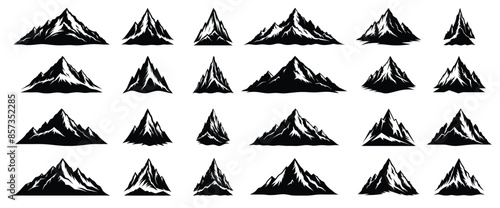 Collection of vector mountain silhouettes, sharp peaks and rugged landscapes, black and white illustration. Set of 24 vector mountains peak silhouette.