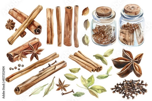 Cinnamon Drawing. Watercolor Spices Set of Cinnamon Sticks, Cardamom, Cloves and Anise on White Background photo