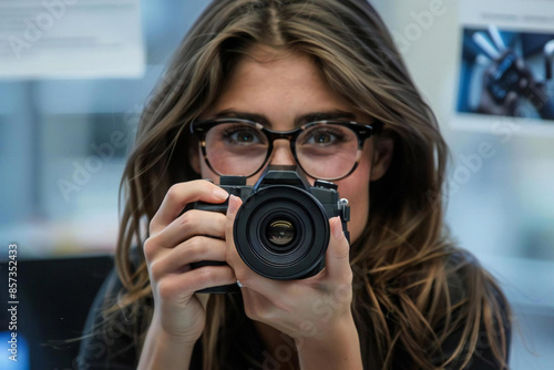 young businesswoman secretly snaps photos of confidential documents on her desk in the office, hinting at theft and espionage. © Vera