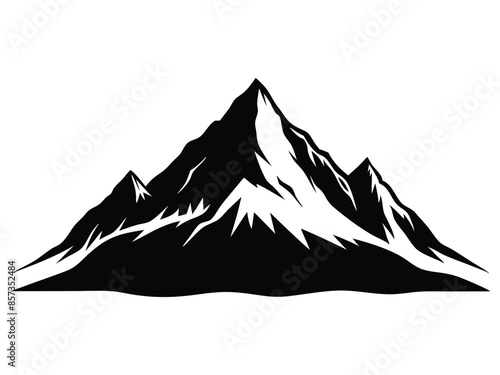 Majestic mountain peak vector illustration, detailed black and white silhouette of a mountain range with snow-capped summits