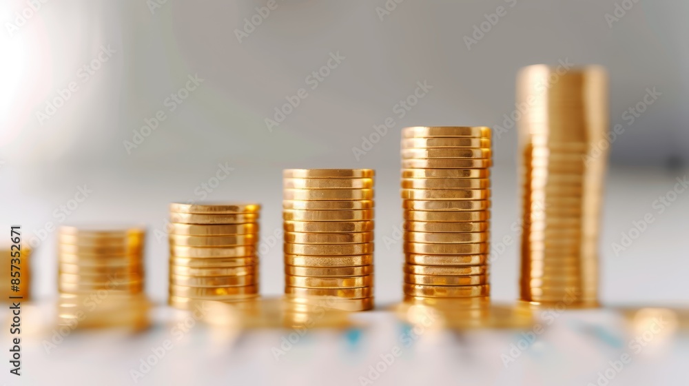 Bar graph with stacks of coins as bars, increasing trend on a pure white background, highlighting monetary growth and investment success Bar graph with stacks of coins as bars, increasing trend on a pure white background, highlighting monetary growth and investment success