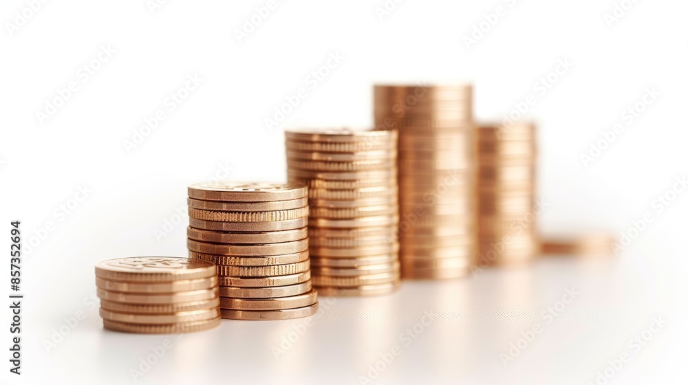 Bar graph with stacks of coins as bars, increasing trend on a pure white background, highlighting monetary growth and investment success Bar graph with stacks of coins as bars, increasing trend on a pure white background, highlighting monetary growth and investment success