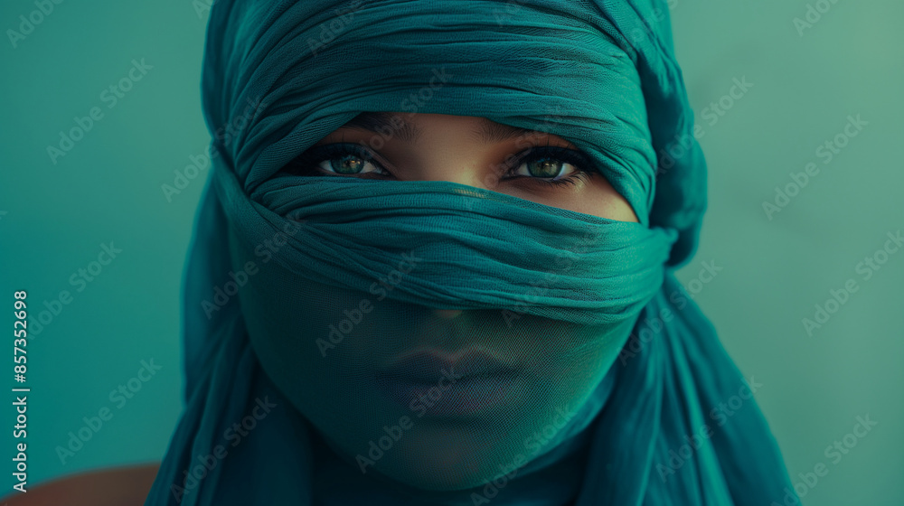 The image shows a person wearing a teal headscarf, standing against a complementary background, emphasizing cultural and traditional visual elements enriching the overall aesthetic appeal. The image shows a person wearing a teal headscarf, standing against a complementary background, emphasizing cultural and traditional visual elements enriching the overall aesthetic appeal.