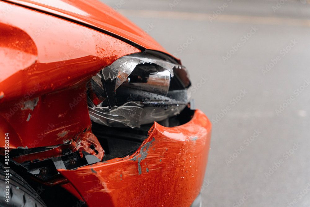 Fototapeta premium Close Up of Damaged Red Car Front End After Accident