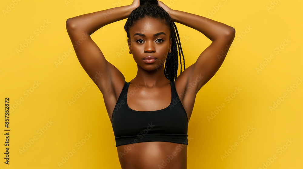 A confident woman with braided hair wears a black sports bra while striking a powerful pose against a vibrant yellow background, exuding strength and determination. A confident woman with braided hair wears a black sports bra while striking a powerful pose against a vibrant yellow background, exuding strength and determination.