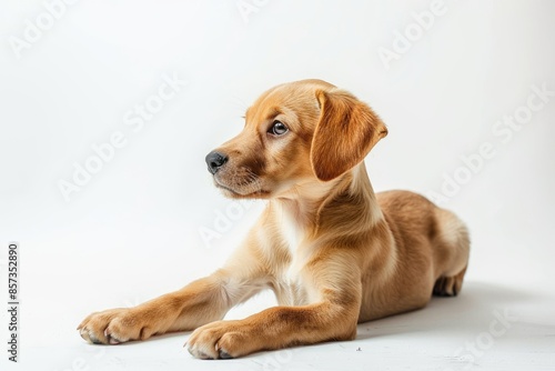 Dog Standing White Background. Labrador Puppy in Playful Studio Portrait