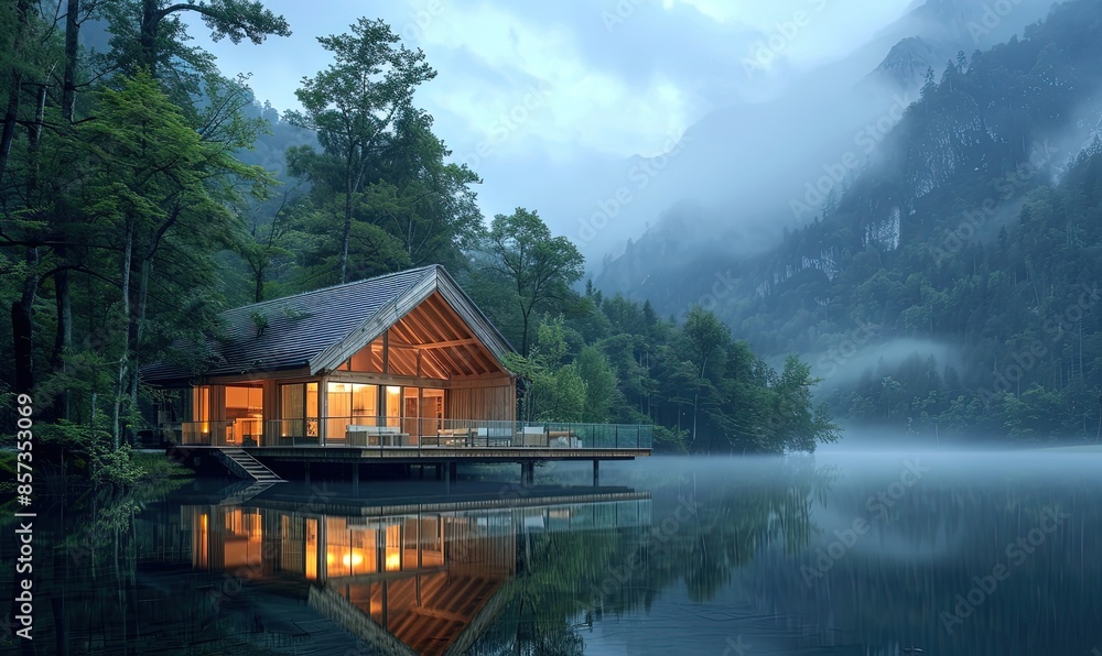 Fototapeta premium Illuminated Wooden house in the forest on a calm reflecting lake with the foggy mountains in the background at dusk