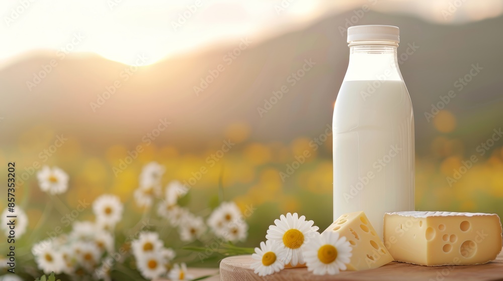 Cheeses and a milk bottle displayed on a rustic board, meadow with daisies and the golden glow of sunset in the background. Focus on organic, healthy dairy products for a diet menu Cheeses and a milk bottle displayed on a rustic board, meadow with daisies and the golden glow of sunset in the background. Focus on organic, healthy dairy products for a diet menu