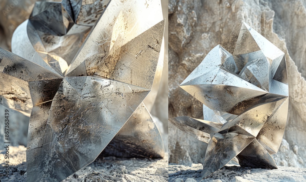 Atoms 3d metal modelling, crystalline and geological shapes, silver and ...