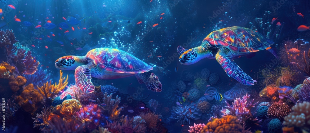 Neon sea turtles swimming in a coral reef Neon sea turtles swimming in a coral reef