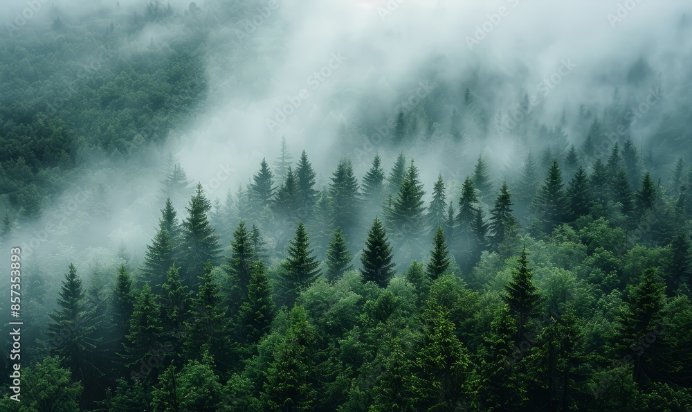 A mystical forest with thick fog and lonely fir trees