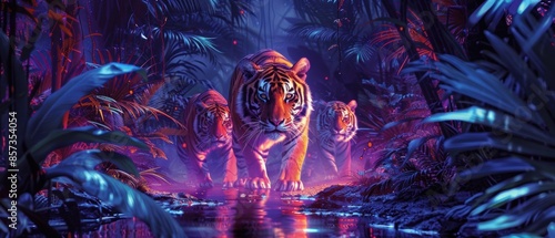 Neon tigers prowling through the jungle photo