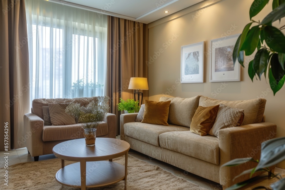 Fototapeta premium Living Room Small. Modern Apartment Interior with Comfortable Sofa and Armchair