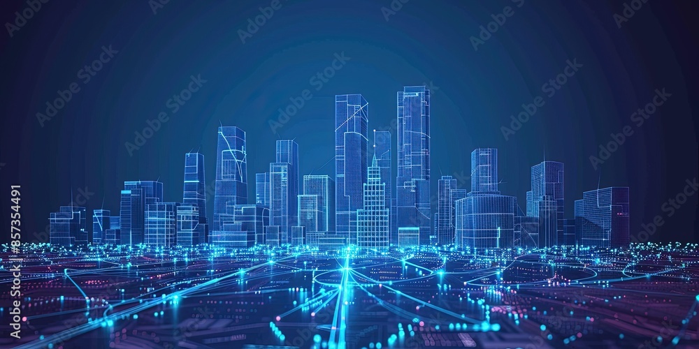 Low poly wireframe mesh, isolated on a dark blue background, showing a smart city with the latest wireless systems and internet of things Low poly wireframe mesh, isolated on a dark blue background, showing a smart city with the latest wireless systems and internet of things