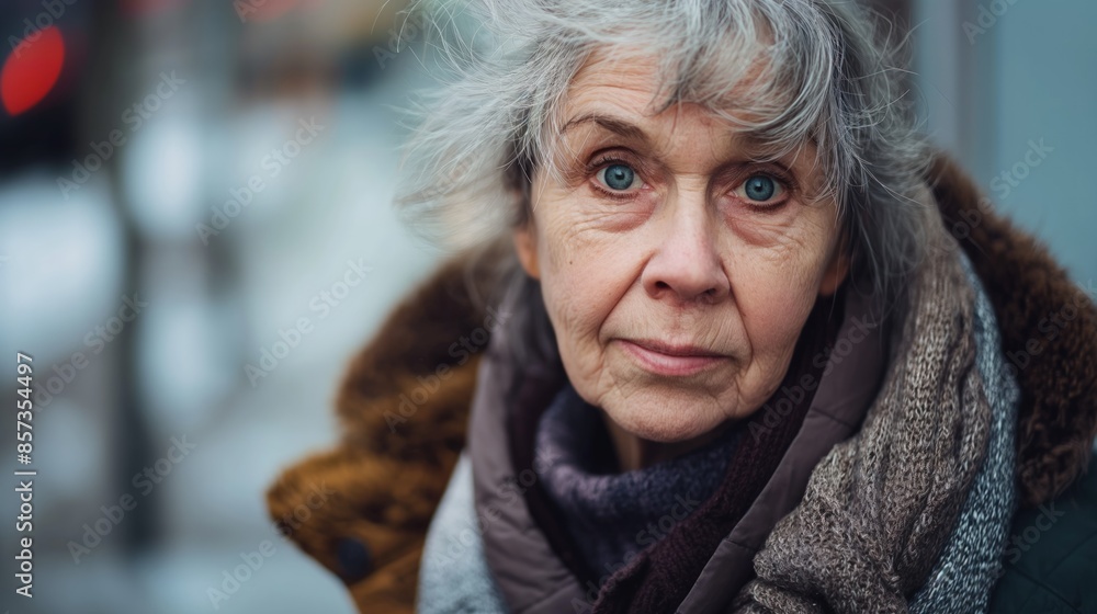 Close-up portrait of an older woman outdoors in the winter Close-up portrait of an older woman outdoors in the winter