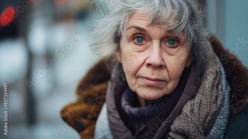 Close-up portrait of an older woman outdoors in the winter