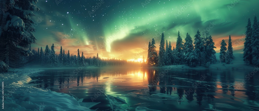 Night sky filled with vibrant northern lights over a snowy landscape, Night sky filled with vibrant northern lights over a snowy landscape,