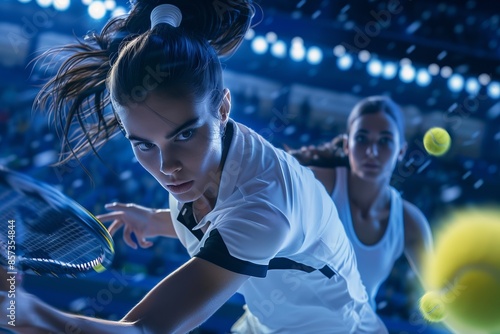 Female athletes play competitive tennis match. Dynamic and intense sports action scene with focus on players. Professional sports photography in vibrant, energetic style. Generative AI photo