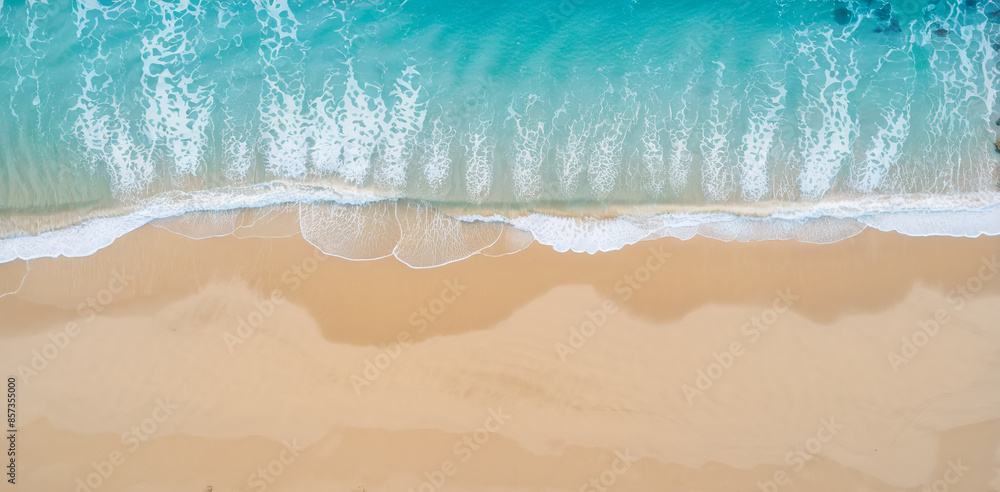Aerial View of Golden Sandy Beach and Ocean Waves with Surfboards Aerial View of Golden Sandy Beach and Ocean Waves with Surfboards