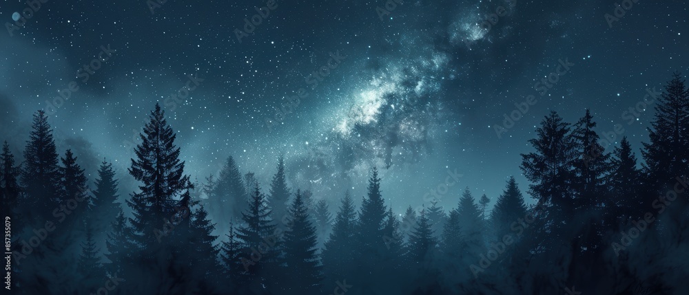 Night sky with the Milky Way over a quiet forest Night sky with the Milky Way over a quiet forest