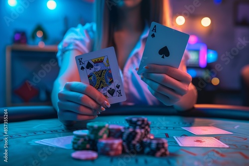 Poker game close-up in a neon-lit room. Player holding king and ace of spades over poker table. Focus on cards and chips. Modern, vibrant and suspenseful atmosphere. Generative AI photo