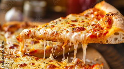 Delicious freshly baked New York style cheesy pepperoni pizza. Cut out levitating slice photo