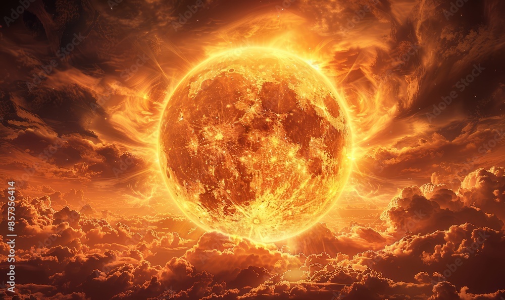 A large, glowing moon is surrounded by a fiery sky A large, glowing moon is surrounded by a fiery sky