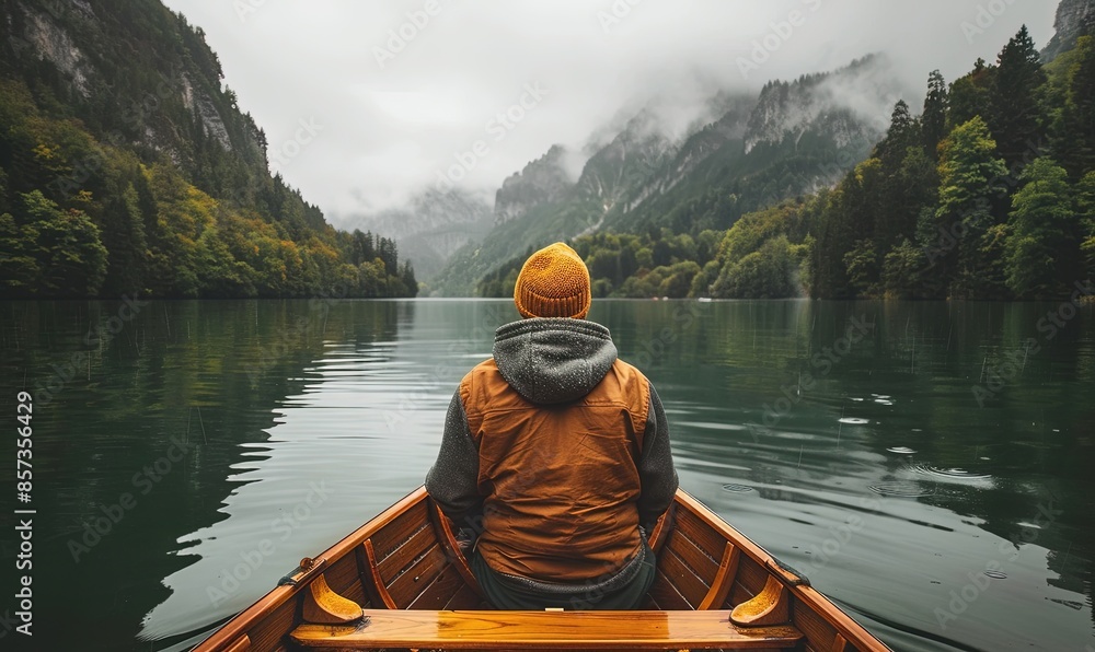 Person in a boat on water, viewed from behind representing adventure, solitude, journey, and self-reflection Person in a boat on water, viewed from behind representing adventure, solitude, journey, and self-reflection