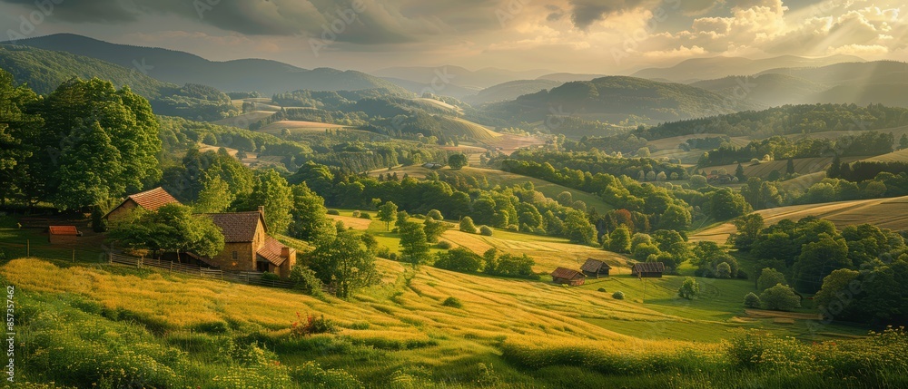 Peaceful countryside with rolling hills, a patchwork of fields, and a quaint village nestled in the valley