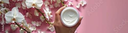 Womans Hand Holding White Cream Jar Against Pink Background With White Orchids
