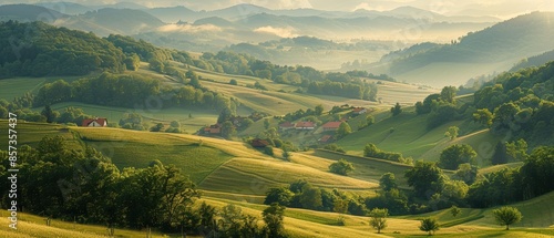 Peaceful countryside with rolling hills, a patchwork of fields, and a quaint village nestled in the valley